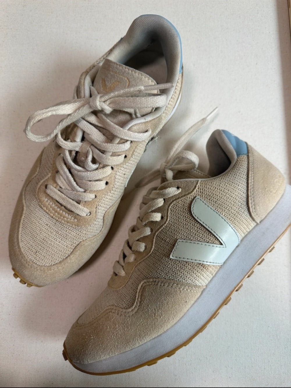 Neutral Beige Retro Runner Sneakers with Pale Blue Accent